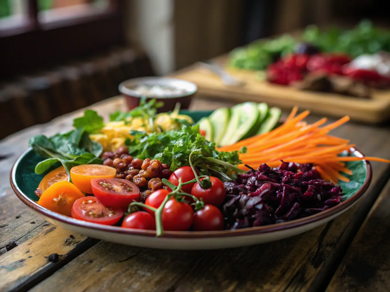 A vibrant image showcasing a variety of colorful, healthy foods arranged artfully on a plate, representing a balanced and nutritious meal plan.