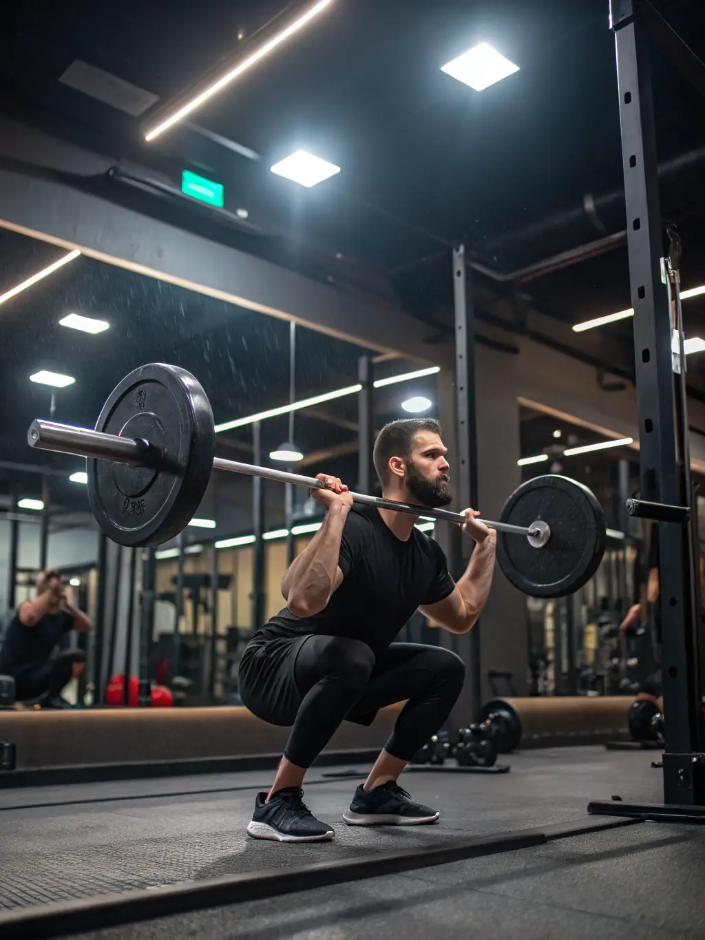 A muscular man performing a barbell squat in a modern gym, showcasing strength and determination. The background includes other gym-goers and fitness equipment, emphasizing a dynamic training environment.